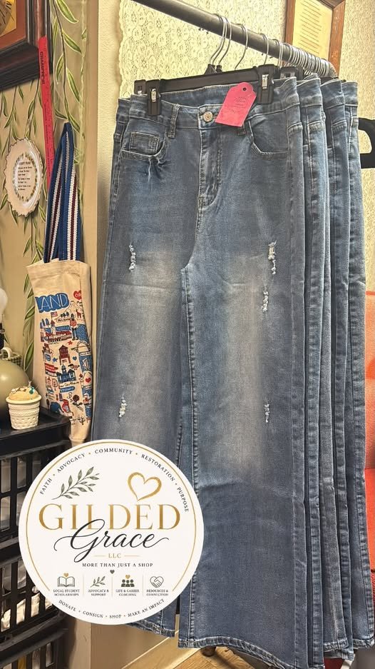 High Waist Distressed Straight Wide Leg with Stretch