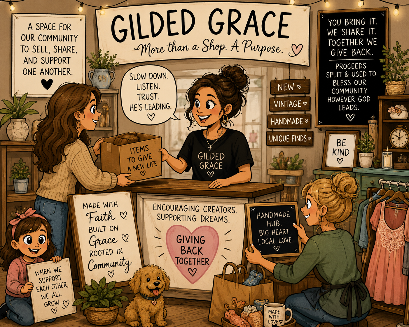Illustration of a community shop called Gilded Grace, with women and a girl shopping. A woman behind the counter is handing a box labeled "Items to Give a New Life" to a girl. The shop displays signs promoting community support, handmade items, and kindness, with shelves of plants, signs about faith, trust, and giving back, and various handmade and vintage items. The scene emphasizes supporting, trusting, creating, and giving back to the community.