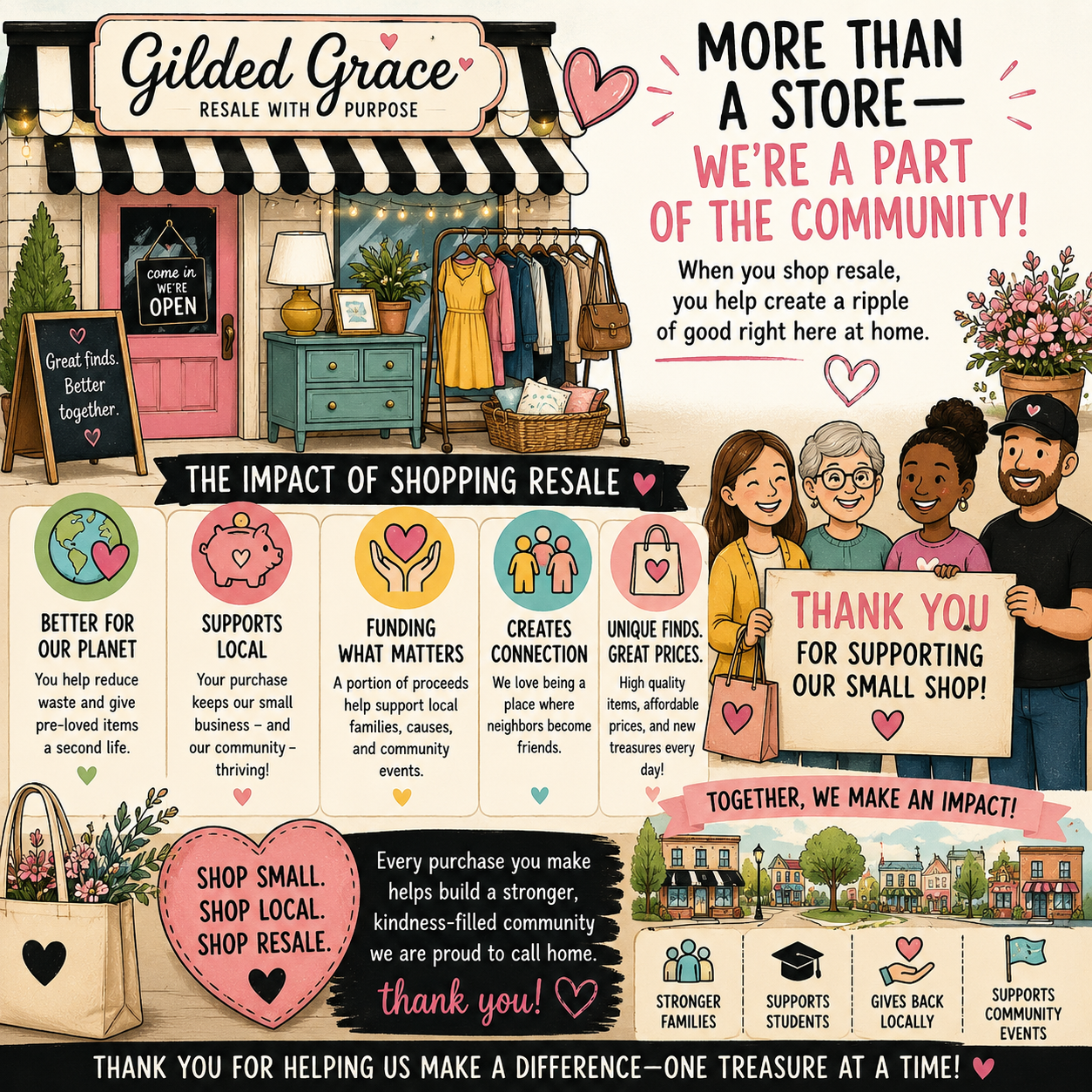Illustration of a small community shop called Gilded Grace with a striped awning, a