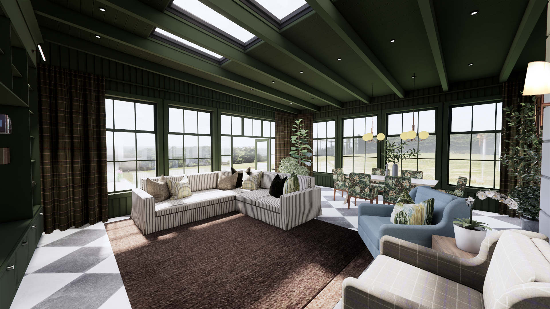 Sunroom with green paneled walls, large windows, skylights, living and dining areas with patterned chairs, sofa, potted plants, and pendant lighting.