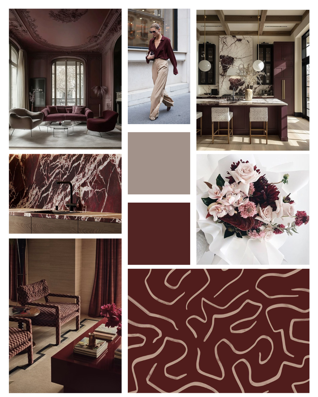 Collage of interior design and fashion images with a burgundy and beige color theme: a luxurious living room, a woman walking in a city, a kitchen with marble backsplash, a floral bouquet with pink and burgundy flowers, a sitting area with patterned chairs and a red table, a close-up of marble countertop, and an abstract pattern background.