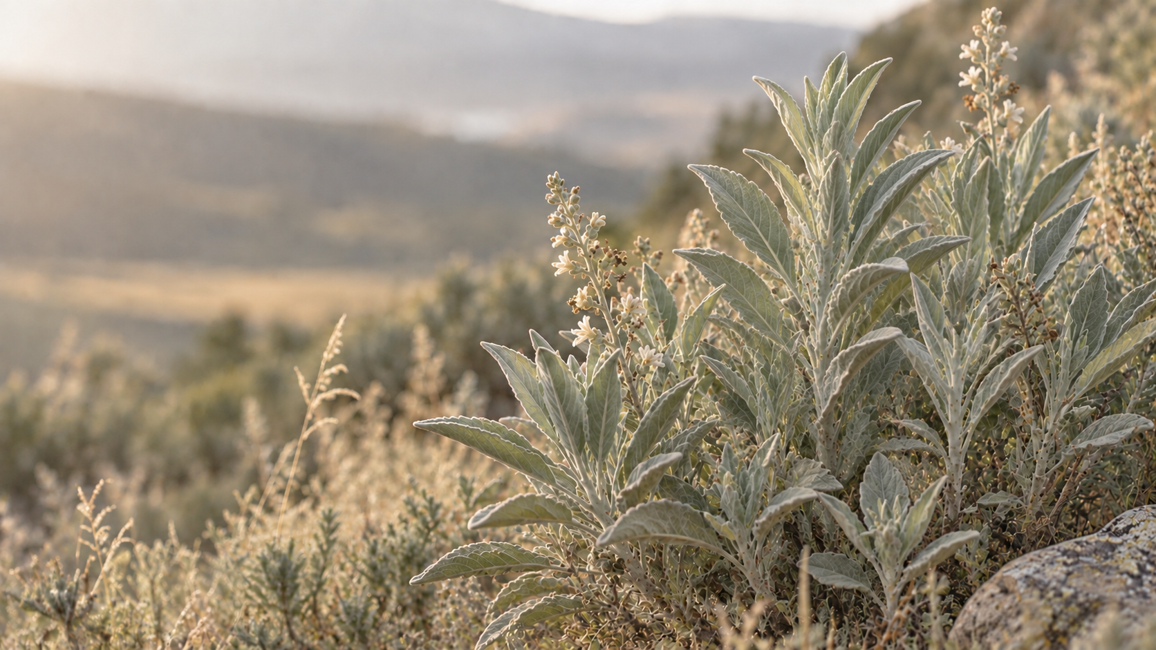 Wellness sagebrush plant with silvery leaves and small white flowers, set in a mountain landscape during sunset or sunrise.