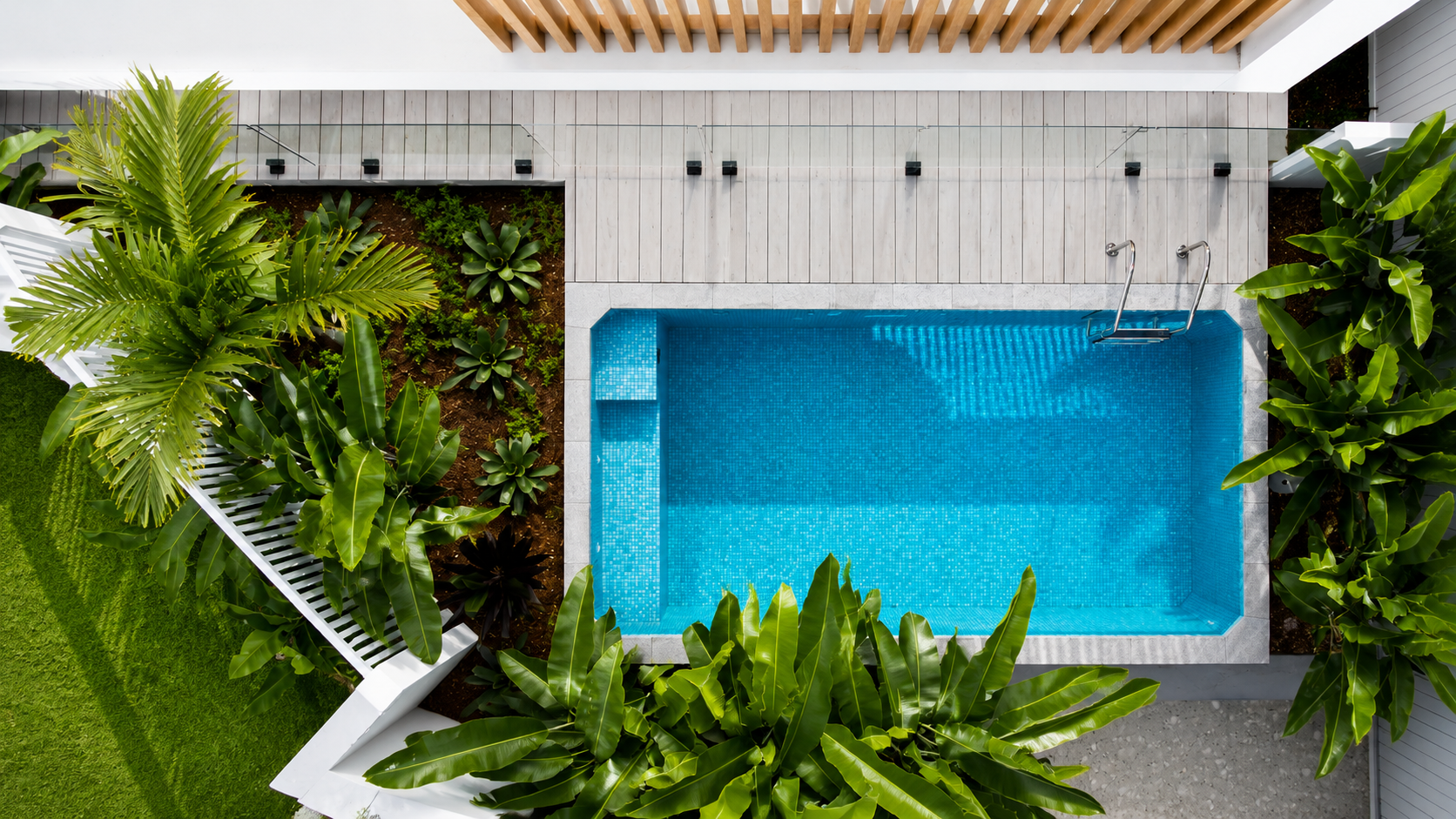 An aerial view of a small backyard with a tiled plunge pool, surrounded by tropical plants, a white ladder, a wooden deck, and a white bench.