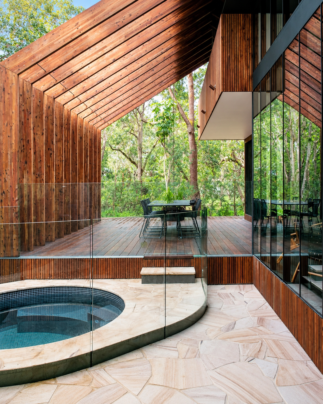 Modern outdoor space with a hot tub, wooden deck, and glass walls, surrounded by green trees.
