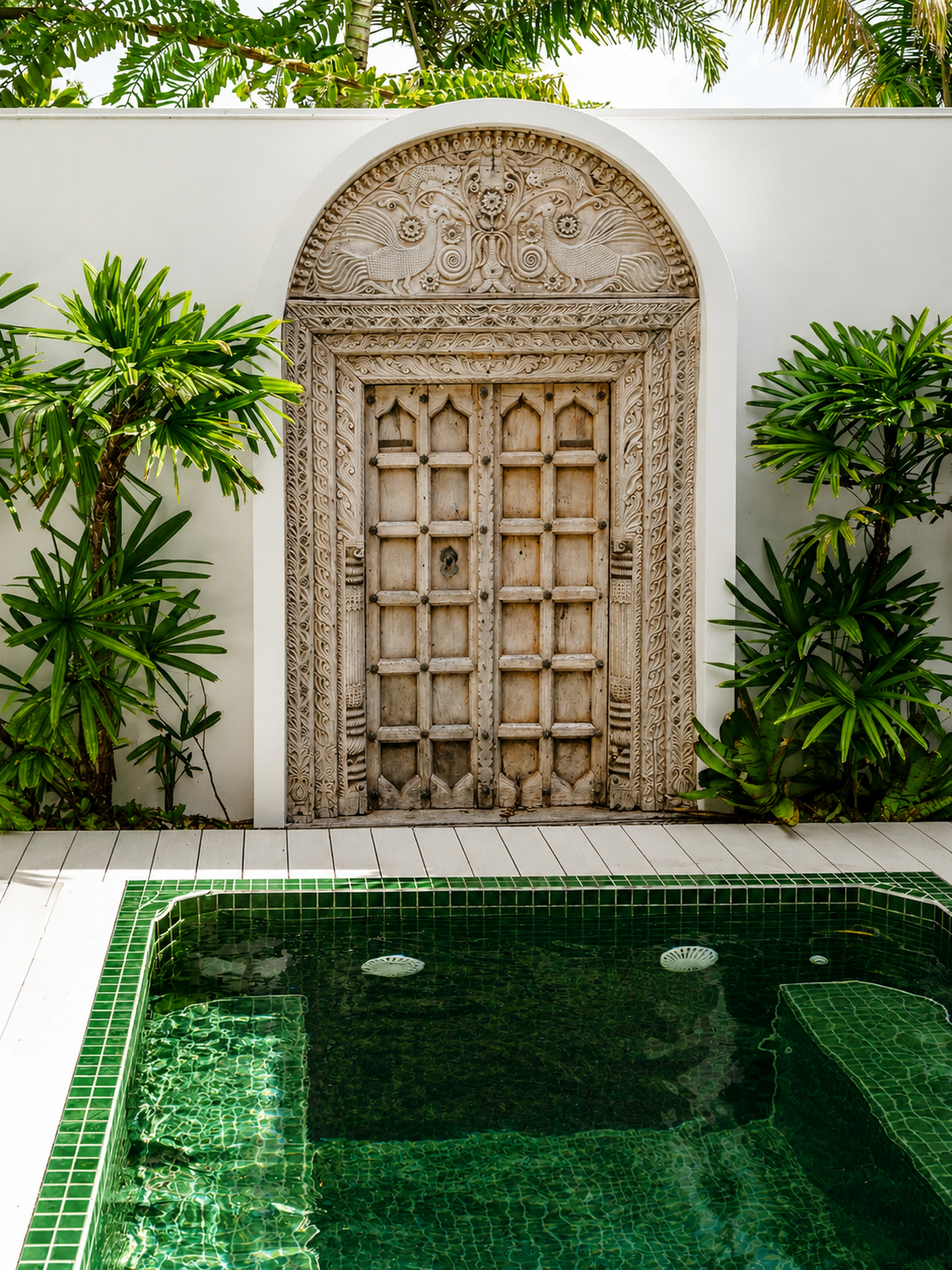 A decorative wooden door with intricate carvings of peacocks and floral motifs, set in a white wall with lush green plants on either side, overlooking a small swimming pool with green mosaic tiles.