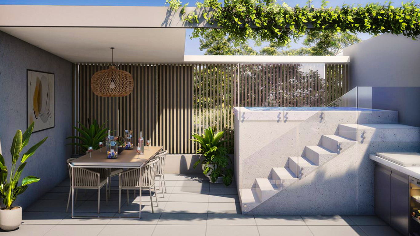 An outdoor patio with a dining table and six chairs, decorated with bottles and colorful items, surrounded by potted plants, a hanging wicker lamp, wooden slat wall, stairs with a glass railing, and a partial view of an outdoor kitchen area.