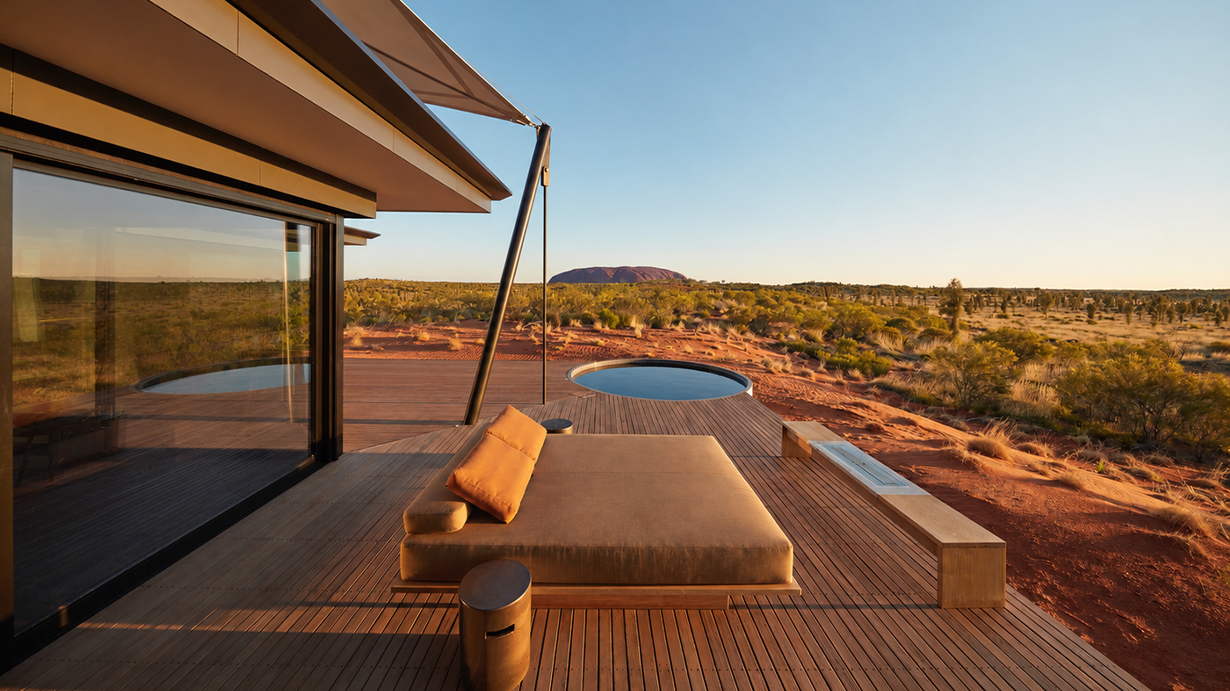 Luxury outdoor deck with loungers, small hot tub, and a scenic desert view at sunset