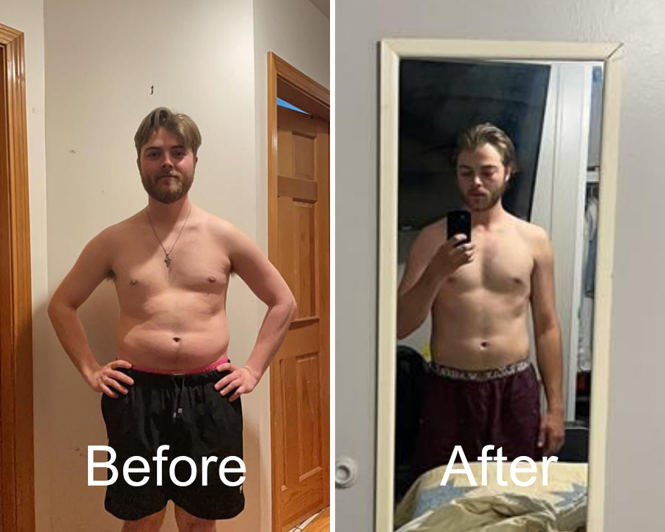 Side-by-side photos of a man showing weight loss progress. The "Before" image shows him with a fuller face and body, and the "After" image shows him slimmer, taking a mirror selfie.