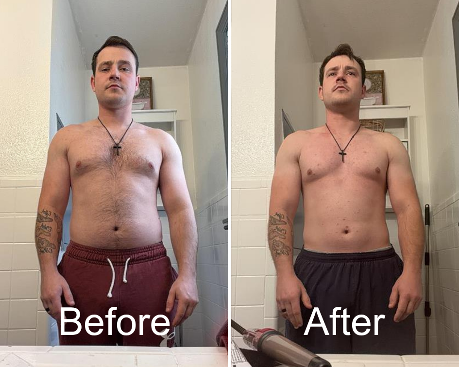 Side-by-side comparison of a shirtless man with short dark hair, tattoos on both arms, wearing a cross necklace. On the left, labeled 'Before,' he appears with more body fat, wearing red shorts. On the right, labeled 'After,' he has a leaner physique, wearing black shorts, in a similar bathroom setting.