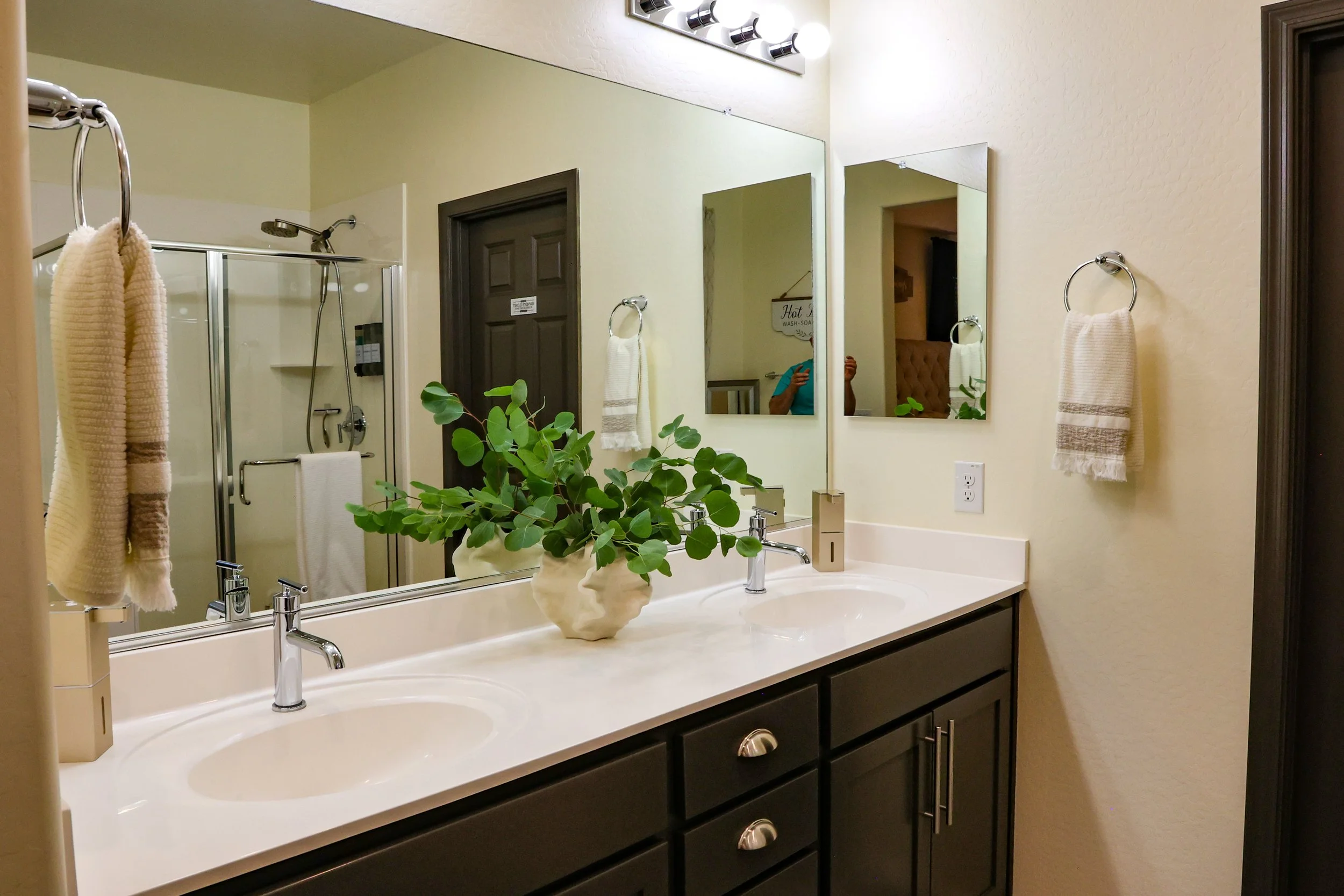 A bathroom with a double sink vanity, large mirror, and a shower with sliding glass doors in the background. There are towels hanging on towel rings and a green plant on the sink countertop.