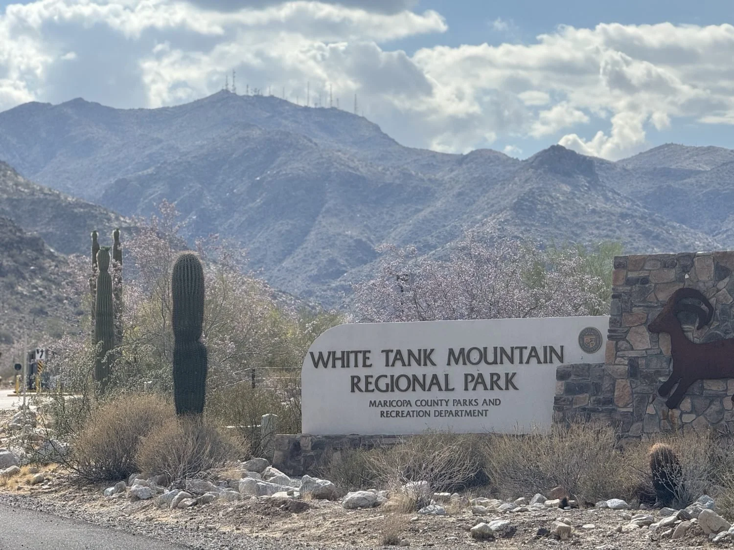 Sign for White Tank Mountain Regional Park in Maricopa County with desert plants and rocky landscape, mountains in the background, and partly cloudy sky.