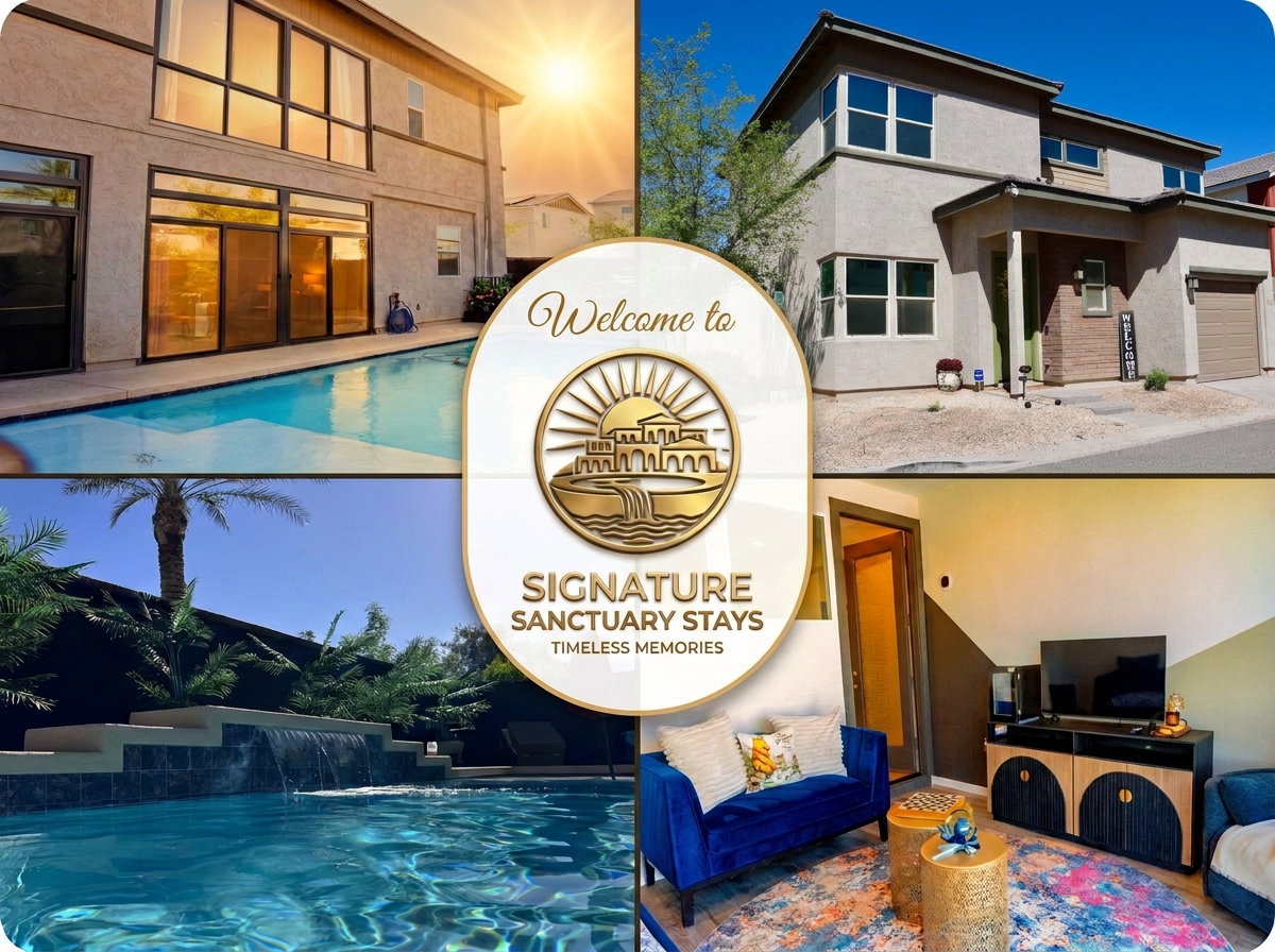 Collage of four images showing a swimming pool and house, another house exterior, a hot tub with palm trees, and a living room with furniture, all featuring Signature Sanctuary Stays branding.