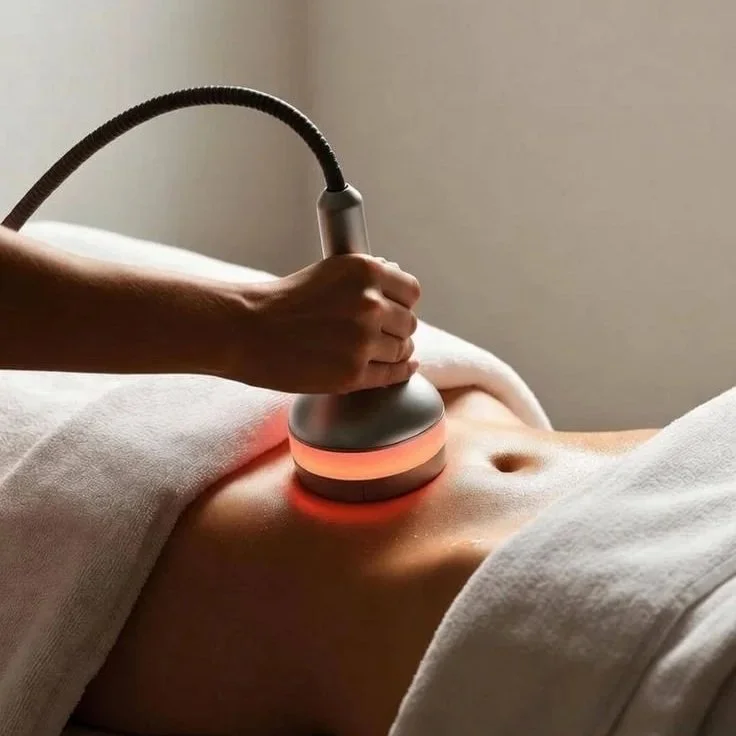 A person receiving an abdominal ultrasound scan in a medical setting.
