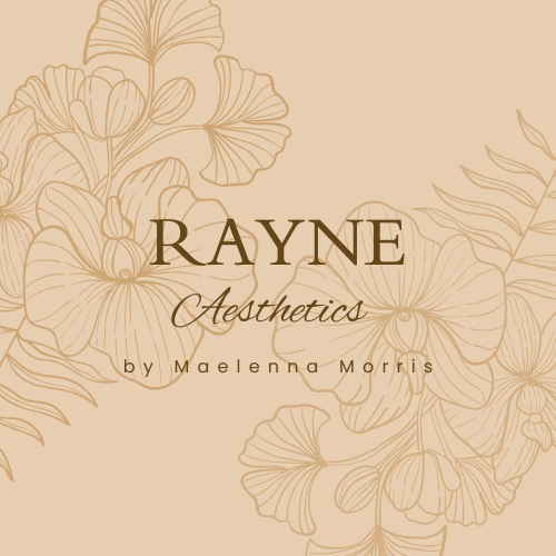 Elegant beige background with floral line art and text for Rayne Aesthetics by Maelenna Morris.