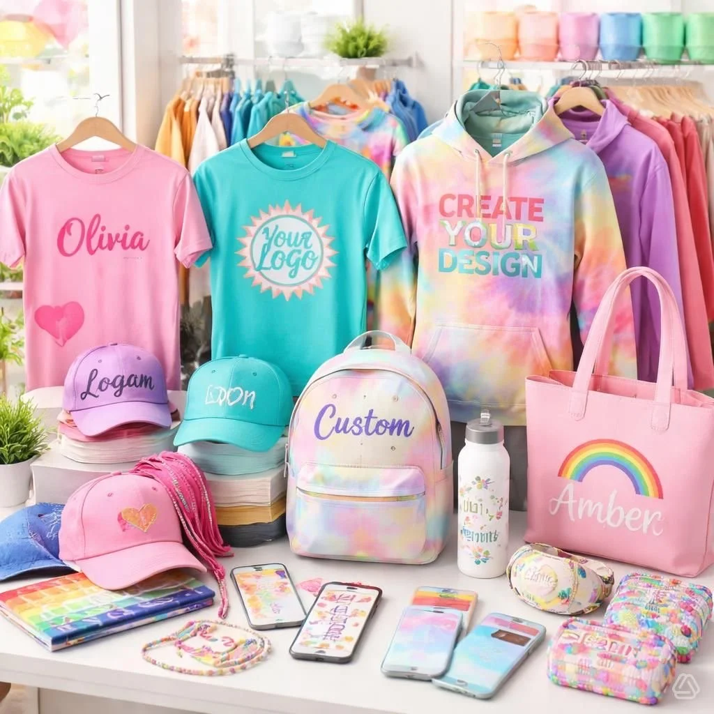 A display of colorful custom apparel and accessories in a retail setting, including tie-dye hoodies, T-shirts, caps, backpacks, tote bags, water bottles, and phone cases, with a pastel rainbow theme and personalization options.