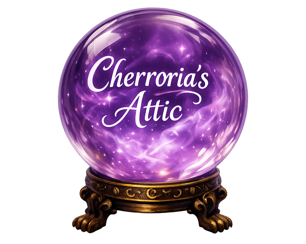 A crystal ball with a swirl of purple clouds and stars, displaying the text "Cheroria's Attic." The ball rests on an ornate brown and gold stand.