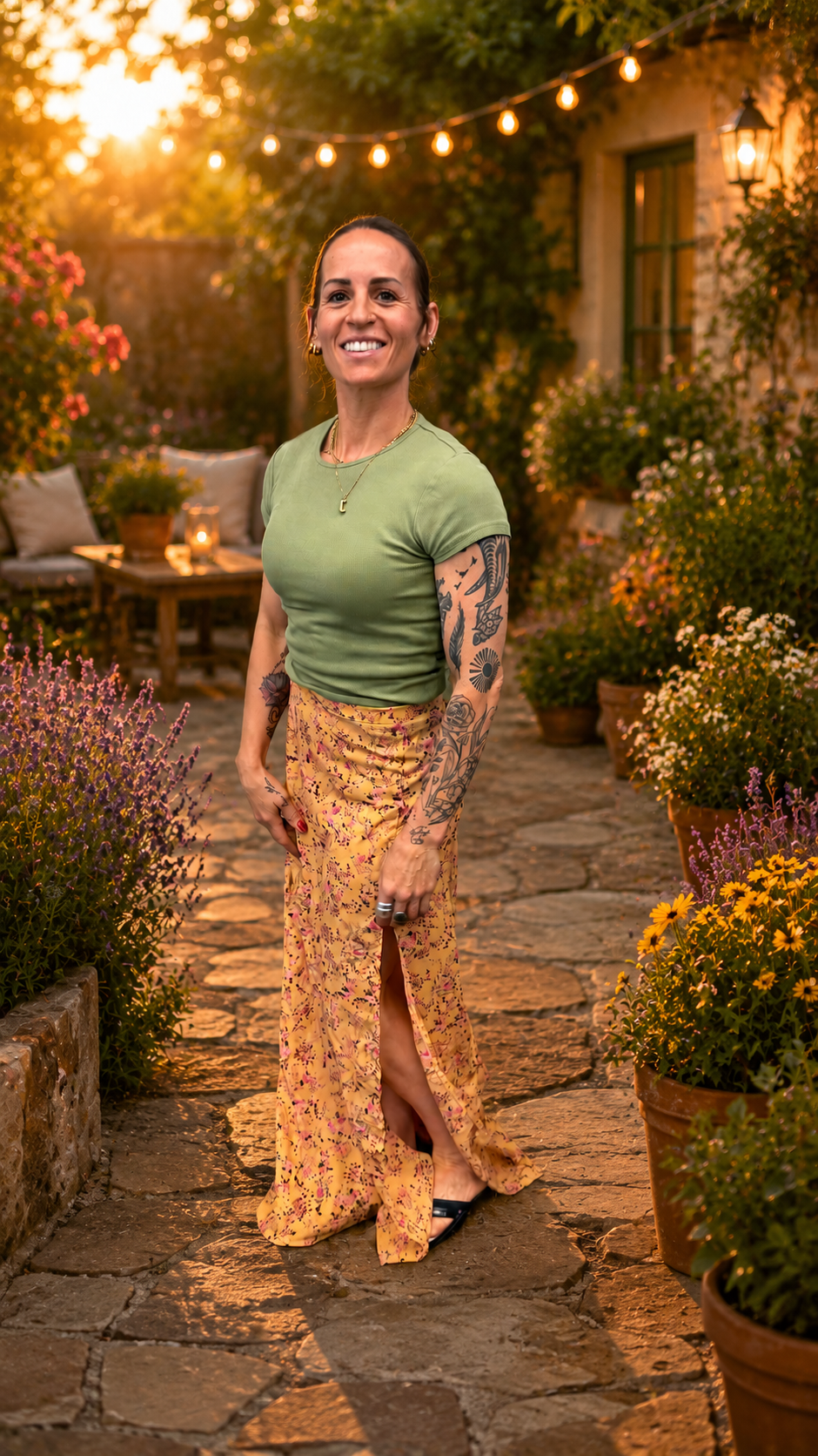 A woman with dark hair, tattoos on her arms, and wearing a green t-shirt and yellow patterned pants stands on a stone pathway in a garden at sunset. The garden is decorated with string lights, potted flowers, and a lit lantern, creating a warm and inviting atmosphere.