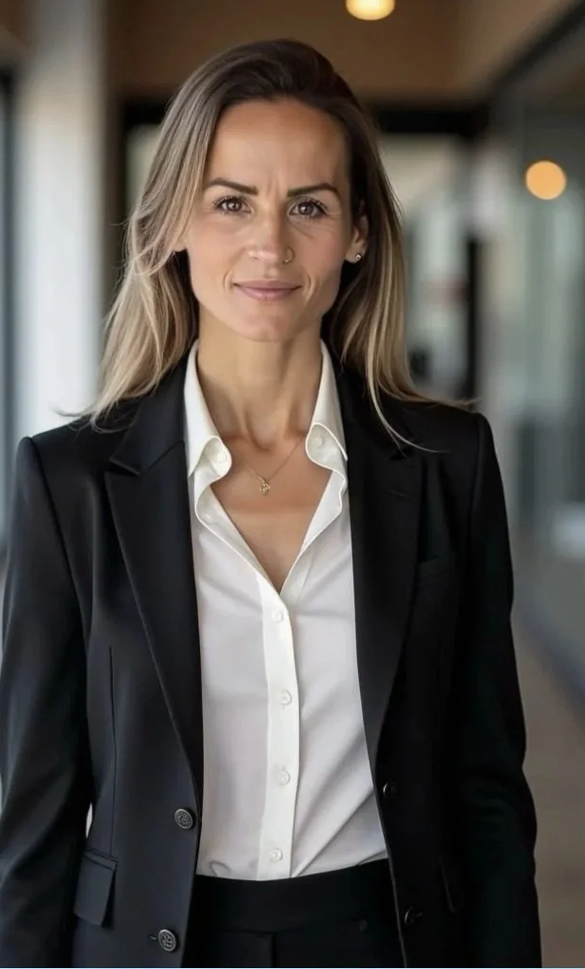 A woman with long, light brown hair wearing a black blazer over a white button-up shirt, standing in an indoor hallway with blurred lights in the background.