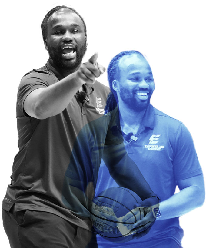 A man with a beard and dark hair, wearing a T-shirt, appears to be speaking or gesturing with his right hand. Another man, also with a beard and dark hair, wearing a polo shirt, is holding a basketball and smiling, with a blue overlay on part of the image.