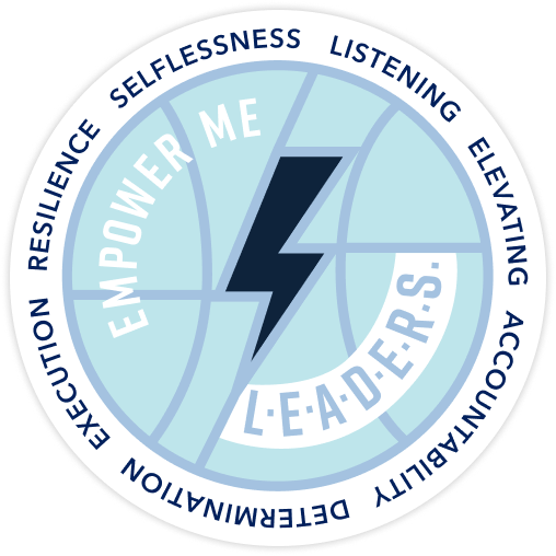Circular badge with a lightning bolt symbol in the center. Surrounding text includes positive qualities like 'Empower Me, Resilience, Selflessness, Listening, Elevating, Accountability, Determination, Exercise, Leadership, Self-Confidence, Resilience, Empower Me, and Leadership.'