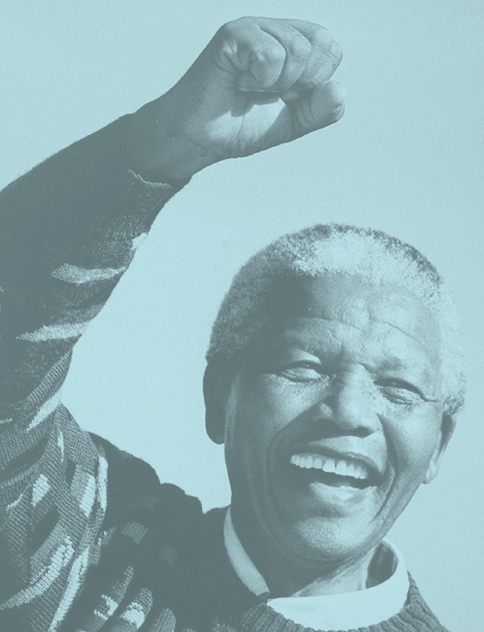 Nelson Mandela raising his clenched fist in a gesture of victory or strength.
