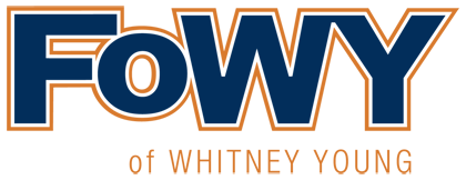 Logo for FOWY, Friends of Whitney Young, with large blue and black text and smaller orange text underneath.