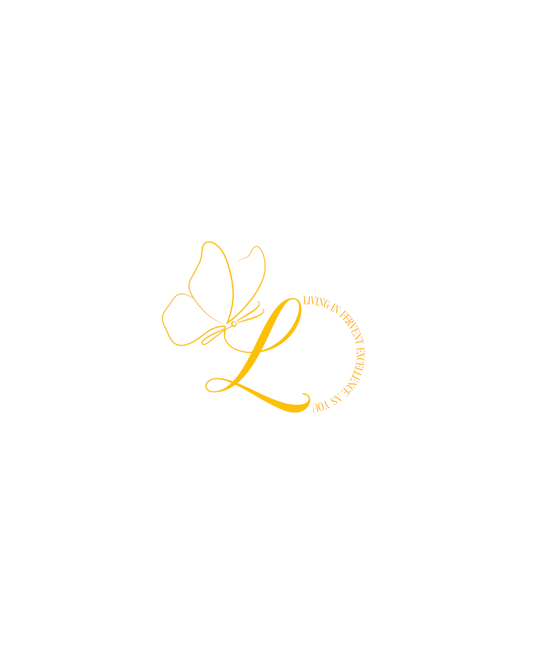 Black background with a gold butterfly and a stylized 'L' in gold, surrounded by the text 'Living in Servant's Excellence as You' in a circular arrangement.