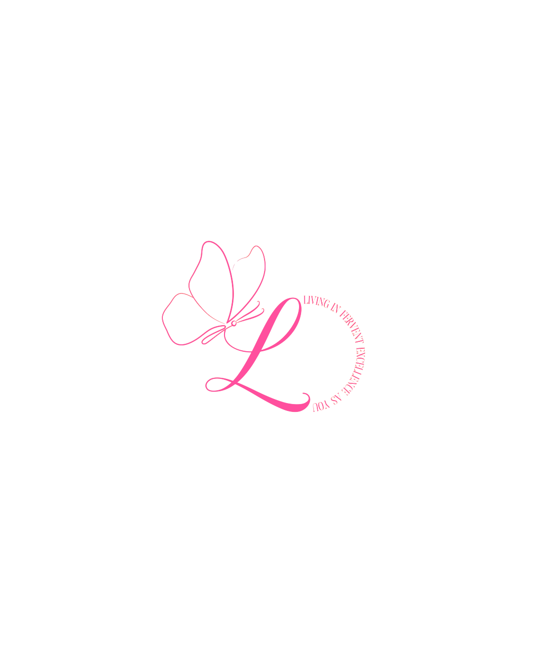 Black background with a pink butterfly and a stylized pink letter 'L' surrounded by pink text that reads 'Living in Perfect Elegance as You'.