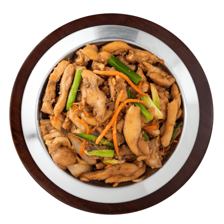 Stir-fried chicken with vegetables on a white plate