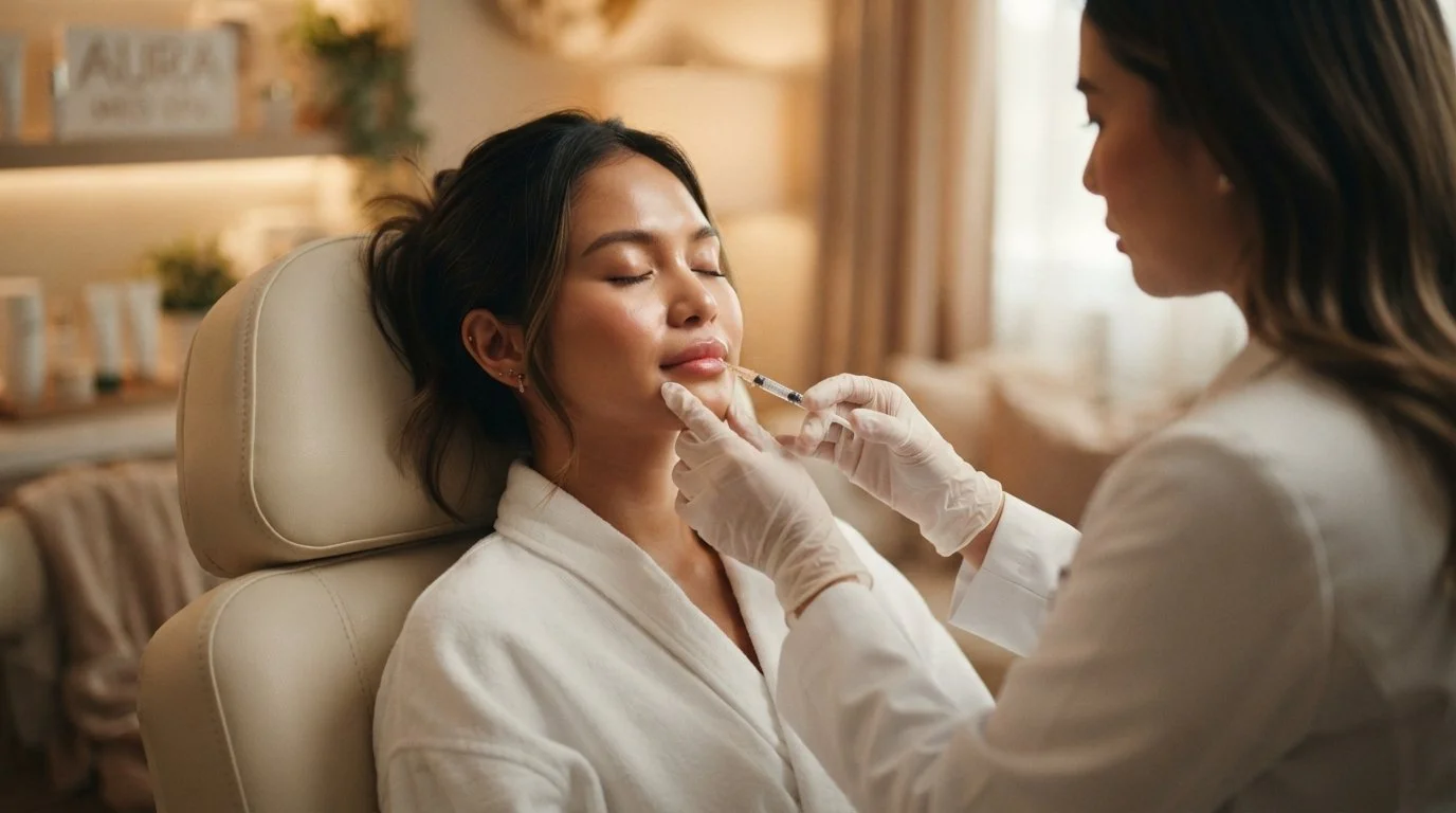 A woman is lying in a medical chair with eyes closed as a syringe is being used on her lips by a healthcare professional.