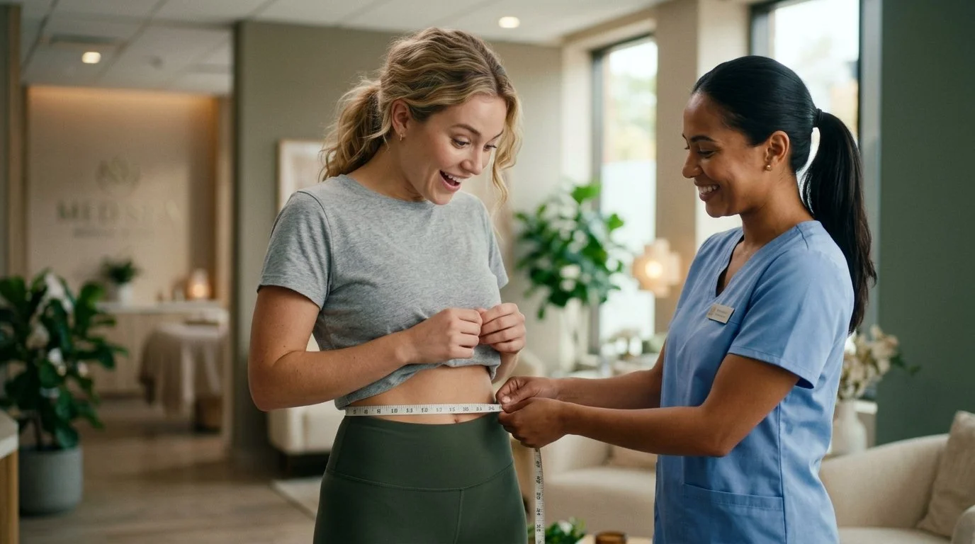 A woman has her waist measured by a healthcare professional in a medical office.