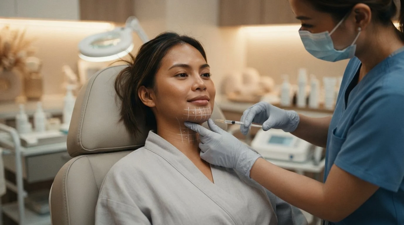 A woman with face markings is receiving a cosmetic injection in her chin from a healthcare professional wearing a mask and gloves in a treatment room.