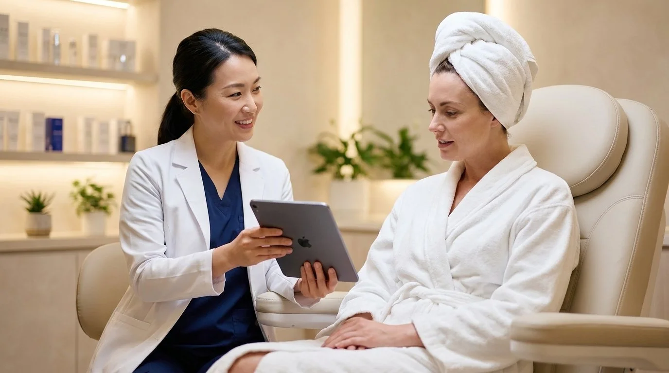 A healthcare professional, smiling, showing something on a tablet to a woman sitting in a spa or clinic chair wearing a white bathrobe and towel on her head.