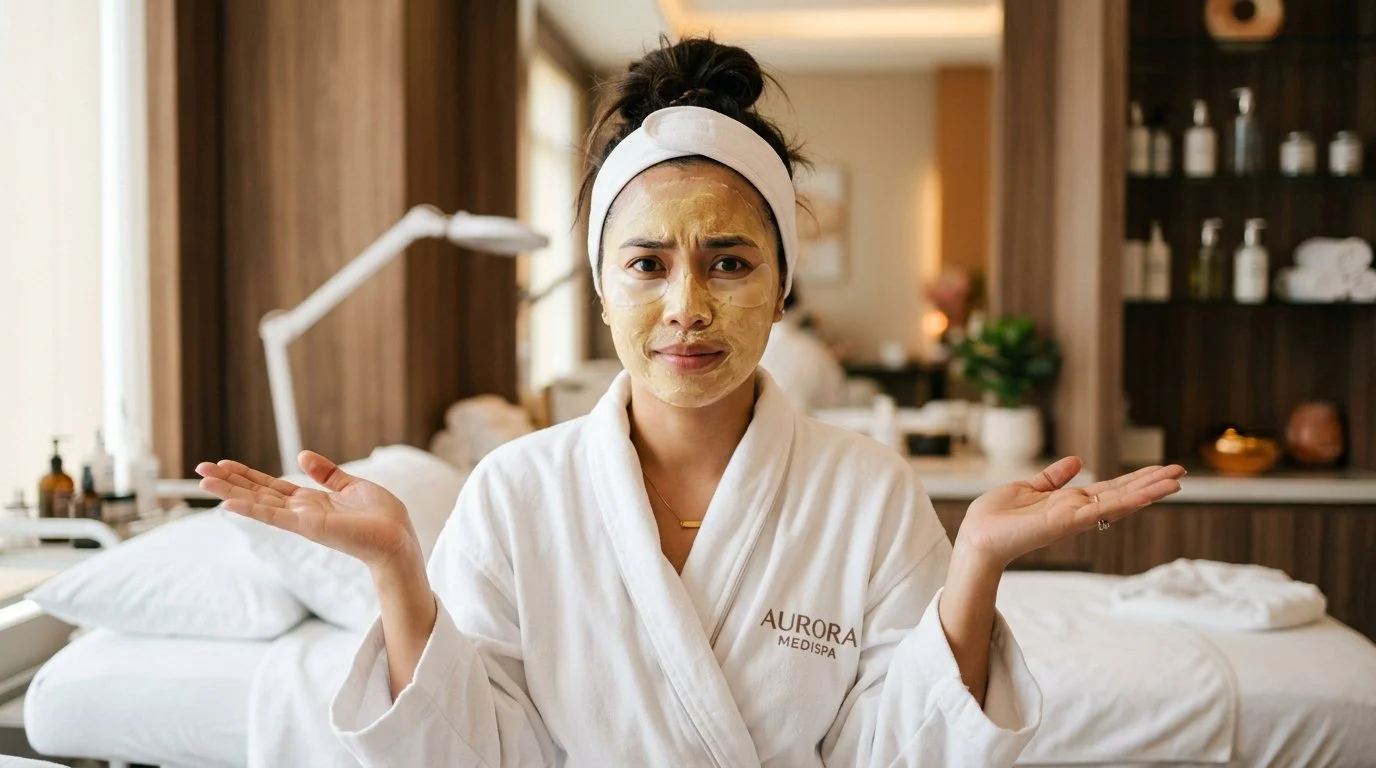 A woman with a facial mask applied, wearing a white bathrobe and headband, standing in a cozy, well-lit spa room with a bed and wooden shelves.