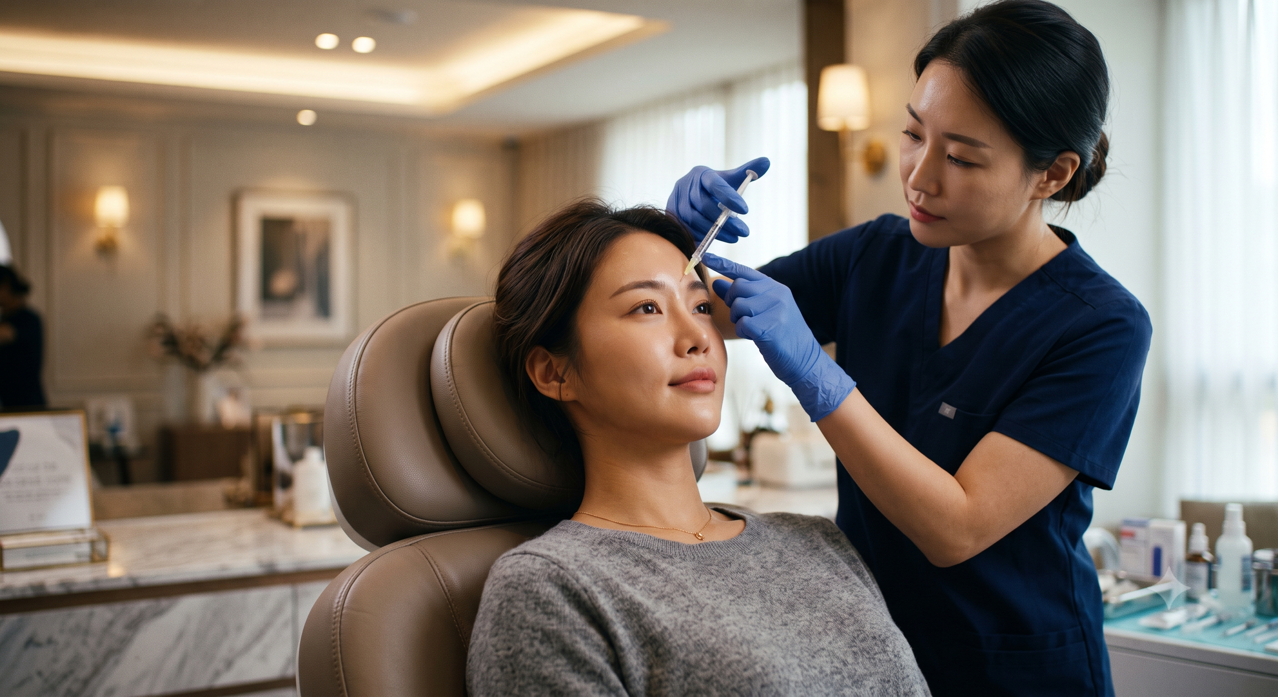 A woman receiving a cosmetic injection from a healthcare professional, both wearing gloves, in a clinical setting.
