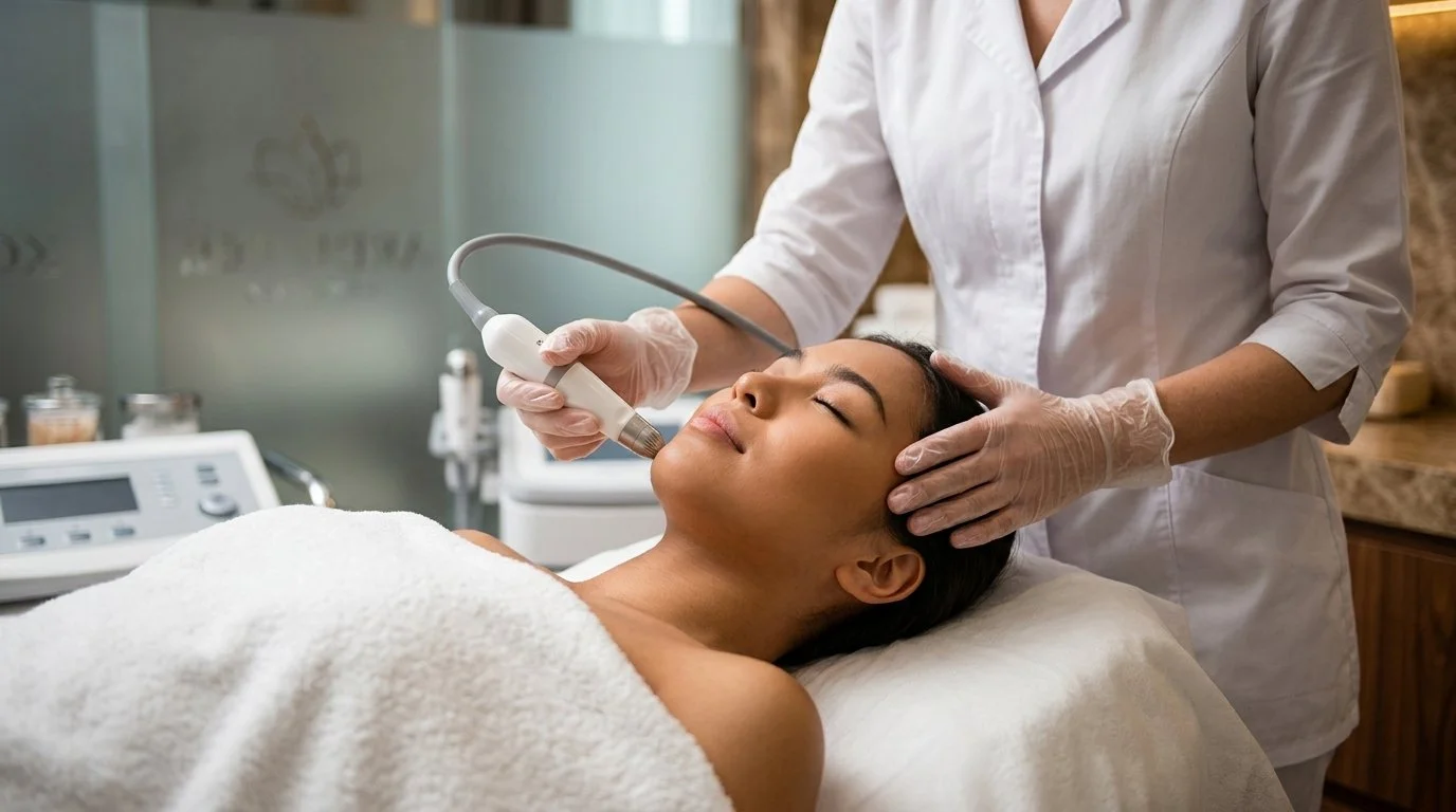 A woman receiving a facial treatment with a device in a spa or clinic setting.