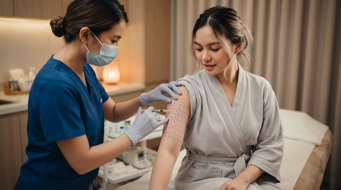 Clinician injecting a mapped grid on a client’s upper arm during a fat dissolving treatment at Glow in Grace Aesthetics.