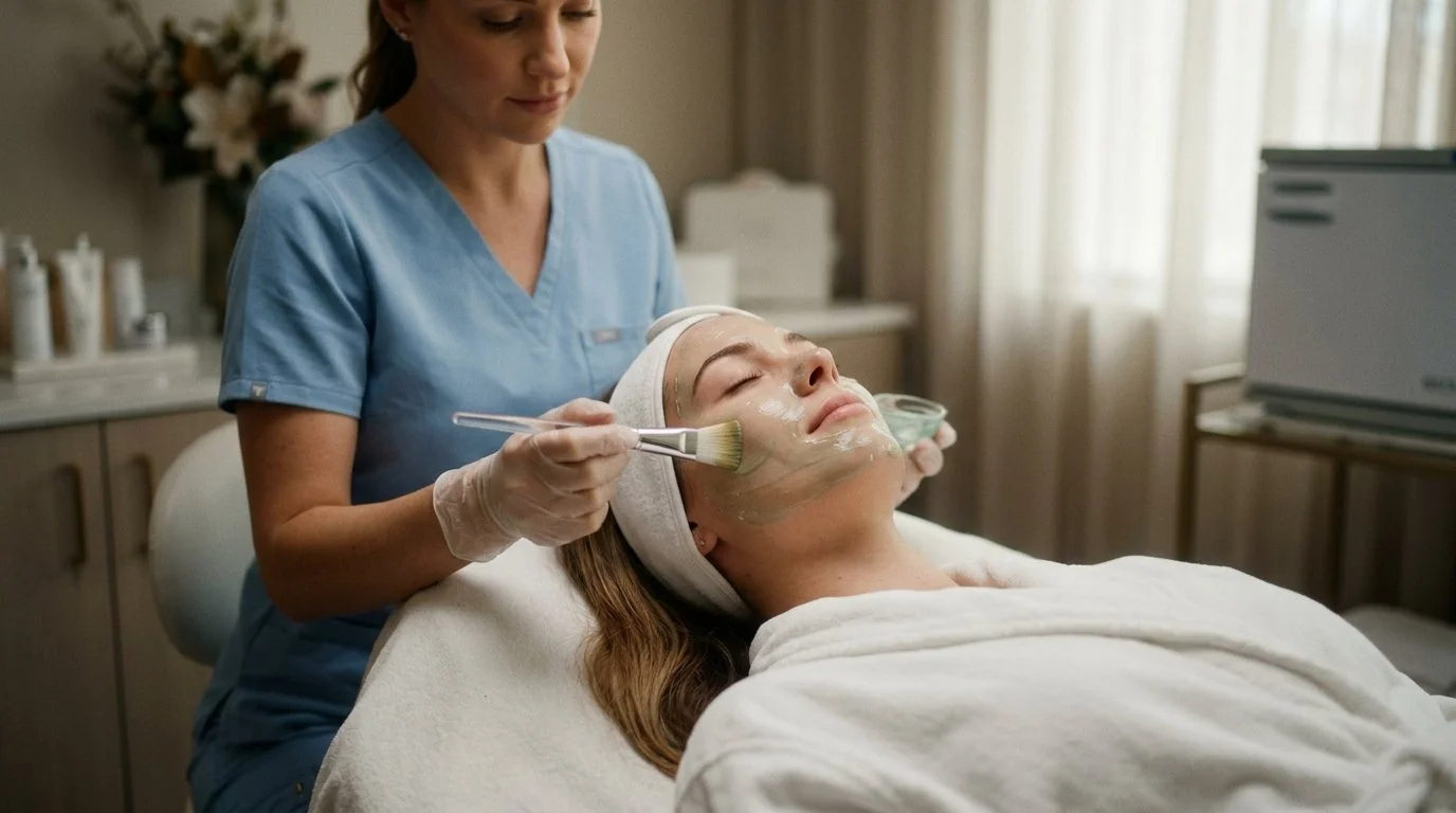A woman getting a facial treatment from a skincare professional in a spa or clinic setting.