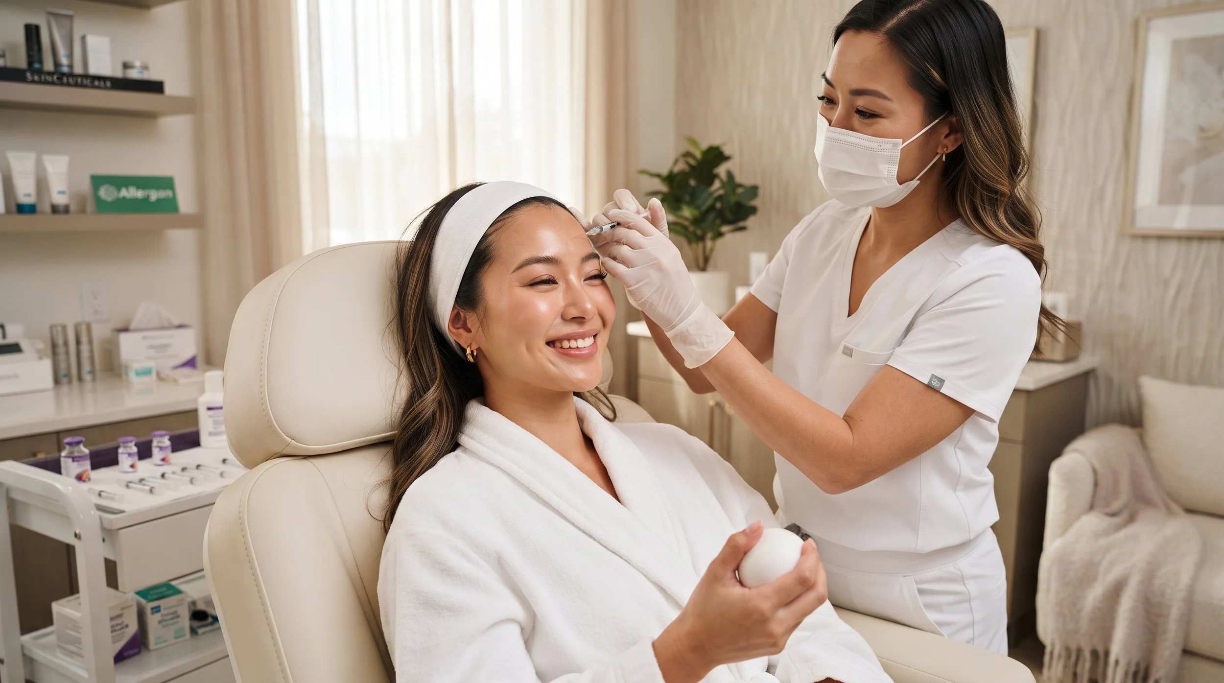 A woman receiving a facial injection from a healthcare professional in a clinic setting.