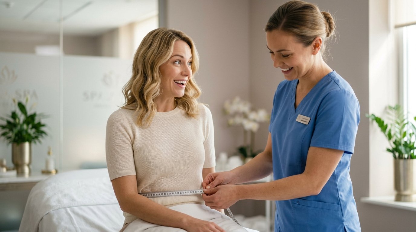 A woman measuring another woman's waist with a tape measure in a spa or clinic setting, both smiling.