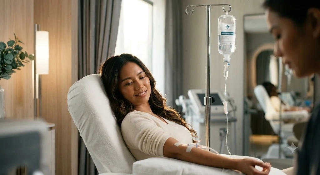 A woman lying in a hospital bed with an IV drip, smiling gently at a man beside her in a hospital room.