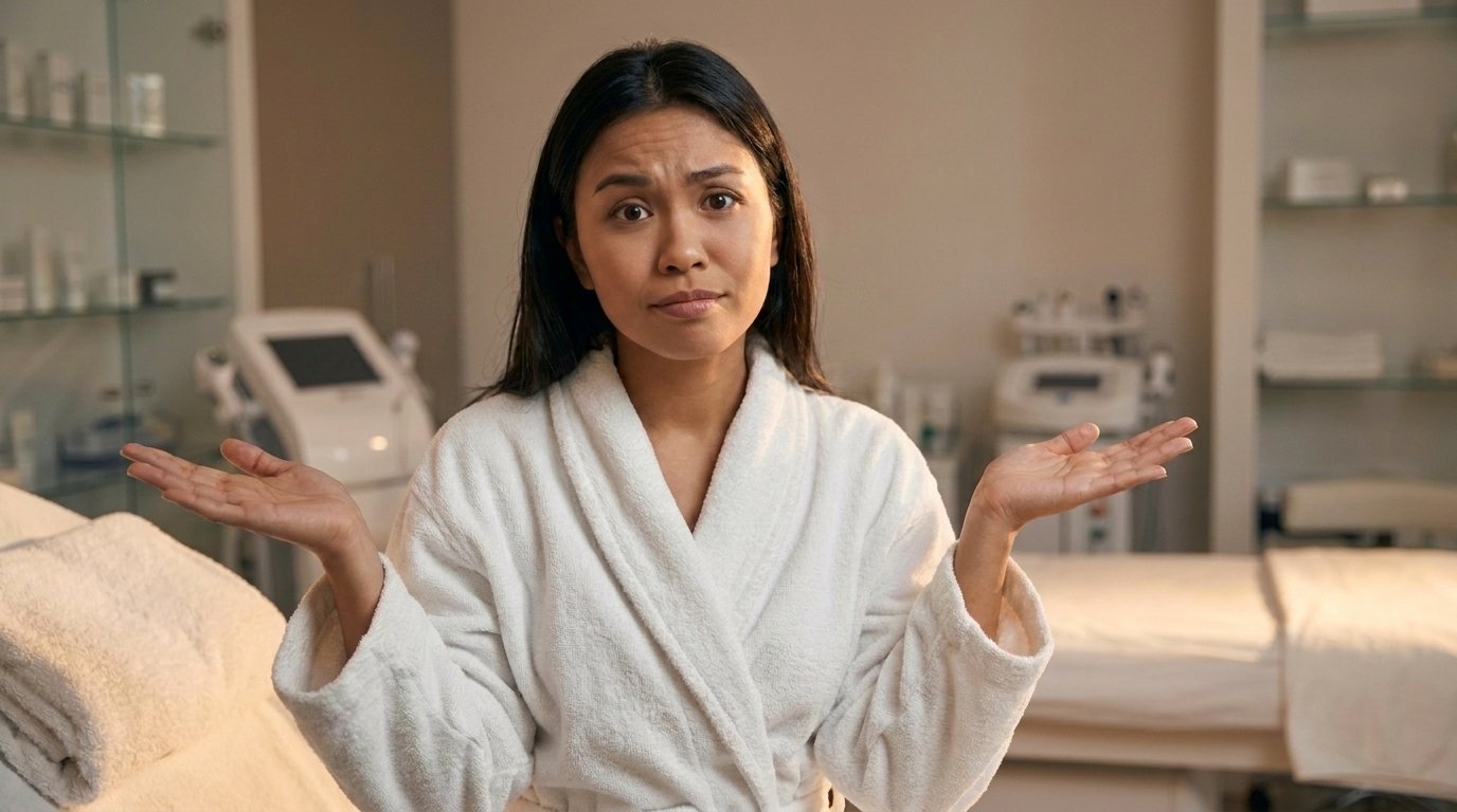 A woman in a white robe with a confused or uncertain expression, shrugging her shoulders with her palms facing upward, in a medical or spa setting.