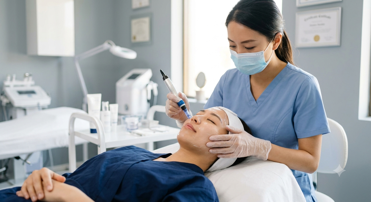 A woman receiving a facial treatment from a skincare professional in a medical clinic, with the professional wearing a surgical mask and gloves.