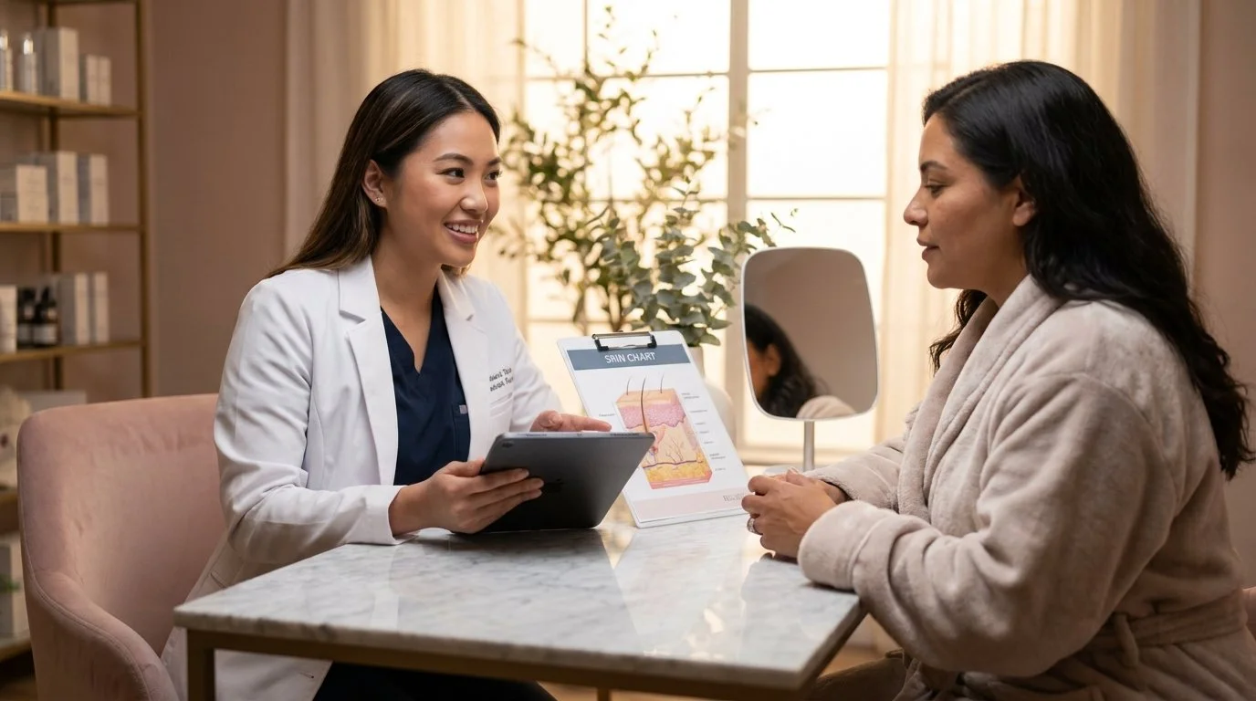 A healthcare professional and a woman having a consultation at a desk in a well-lit room.