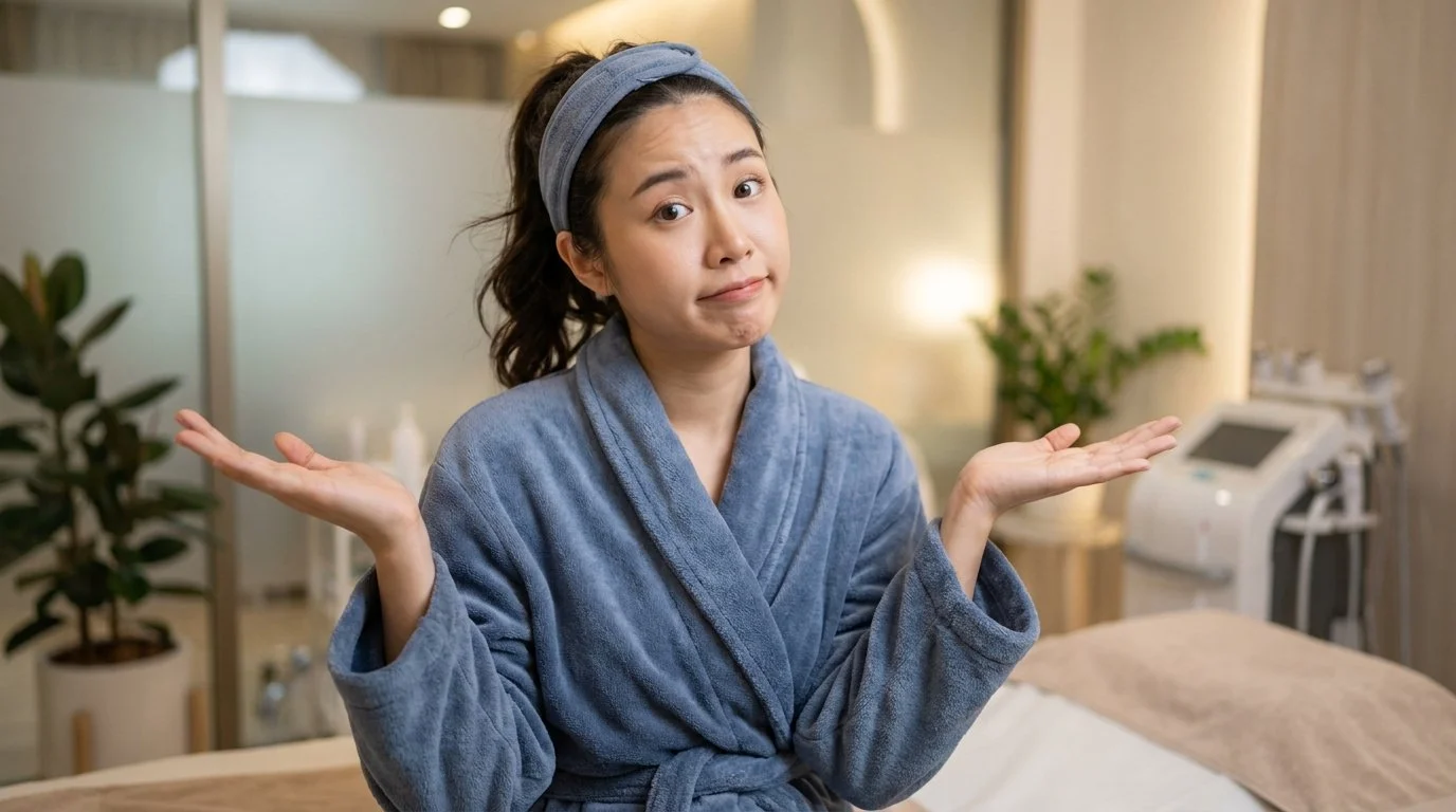 A young woman in a blue bathrobe with a headband, shrugging with a confused or indifferent expression in a spa or wellness center.