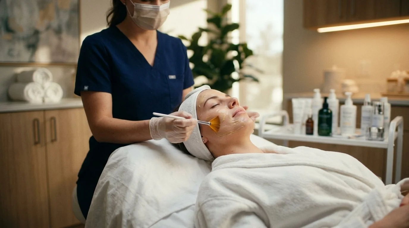 A woman receiving a facial treatment from a skincare professional in a spa setting.