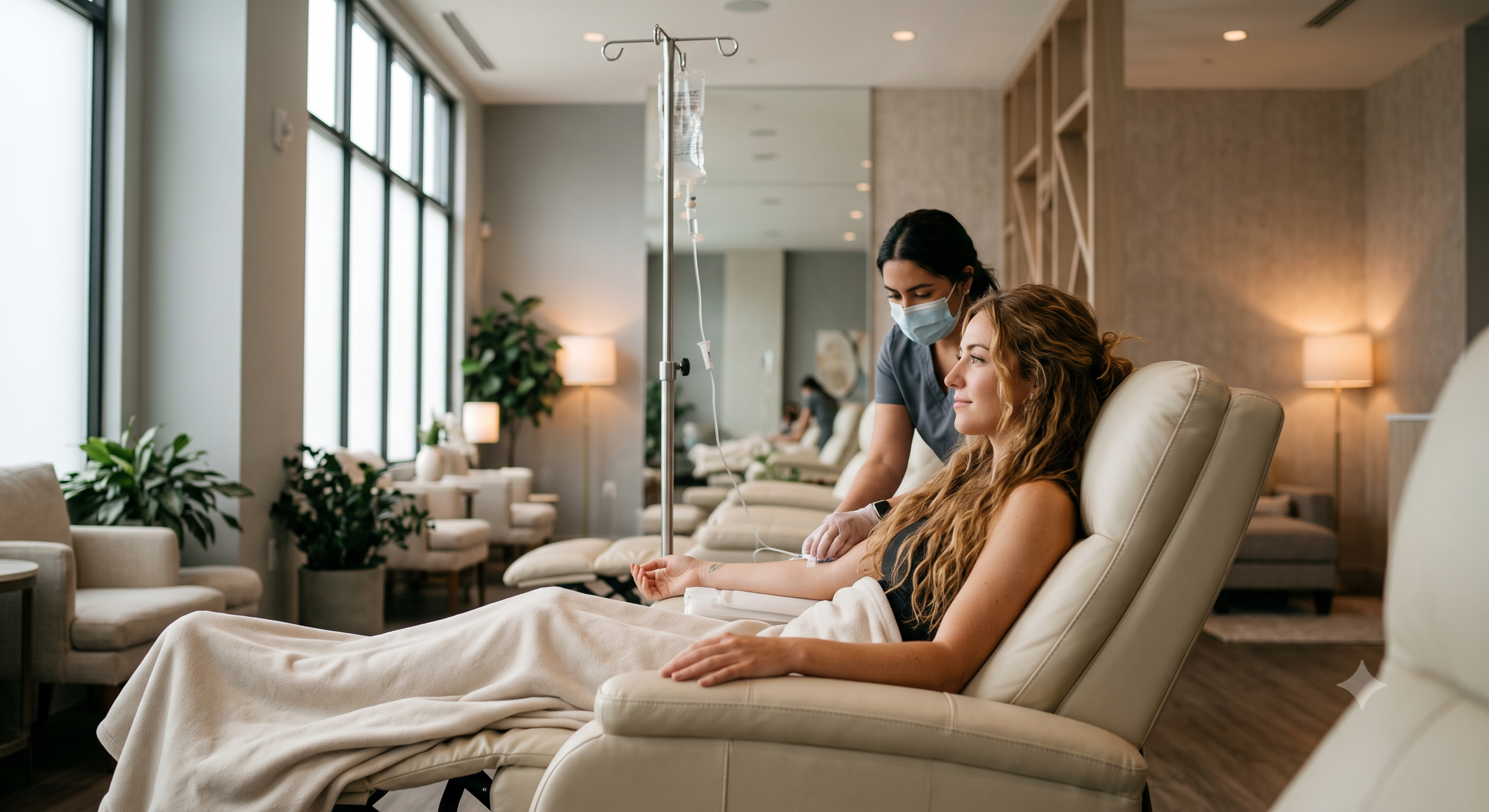 A woman with long curly hair receiving IV treatment in a modern, well-lit lounge area, assisted by a healthcare professional wearing a face mask.