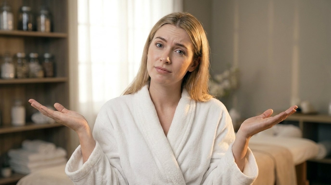 Woman with shoulder-length blonde hair and fair skin, wearing a white bathrobe, shrugging with a puzzled expression in a softly lit bedroom.