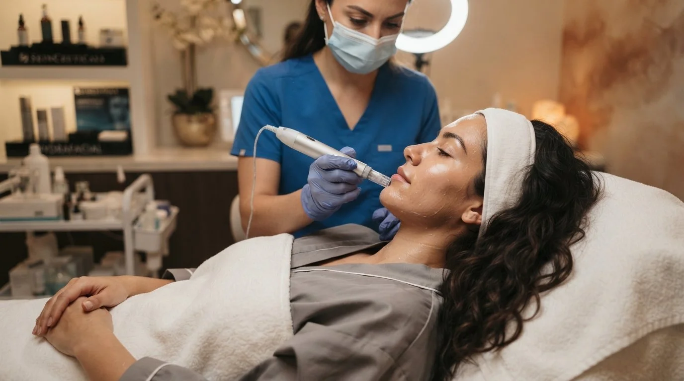 A woman receiving a facial treatment with a device by a skincare professional wearing a mask and gloves in a spa or clinic setting.