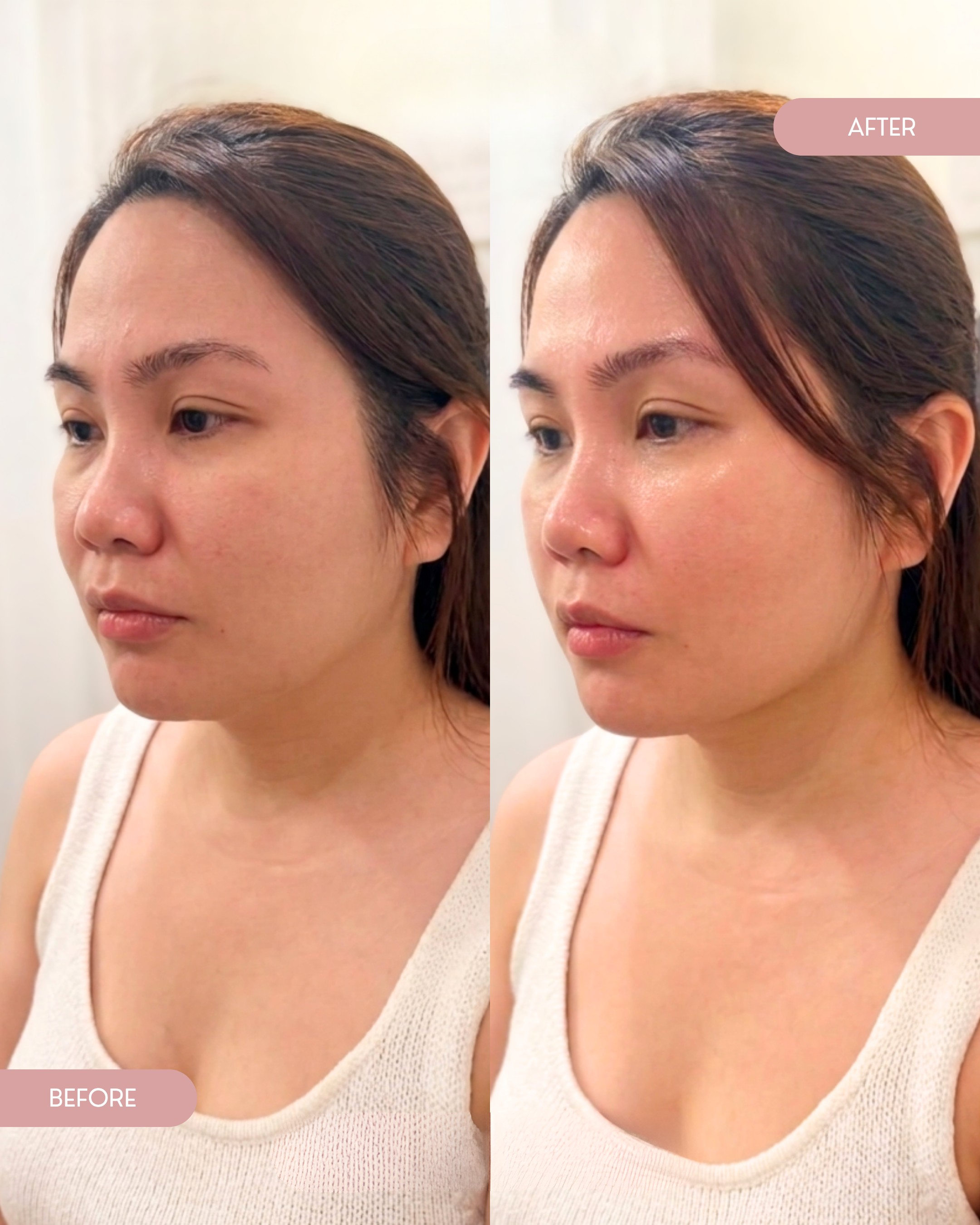 Side-by-side comparison of a woman with and without makeup, showing a before and after transformation of her facial appearance and skin.